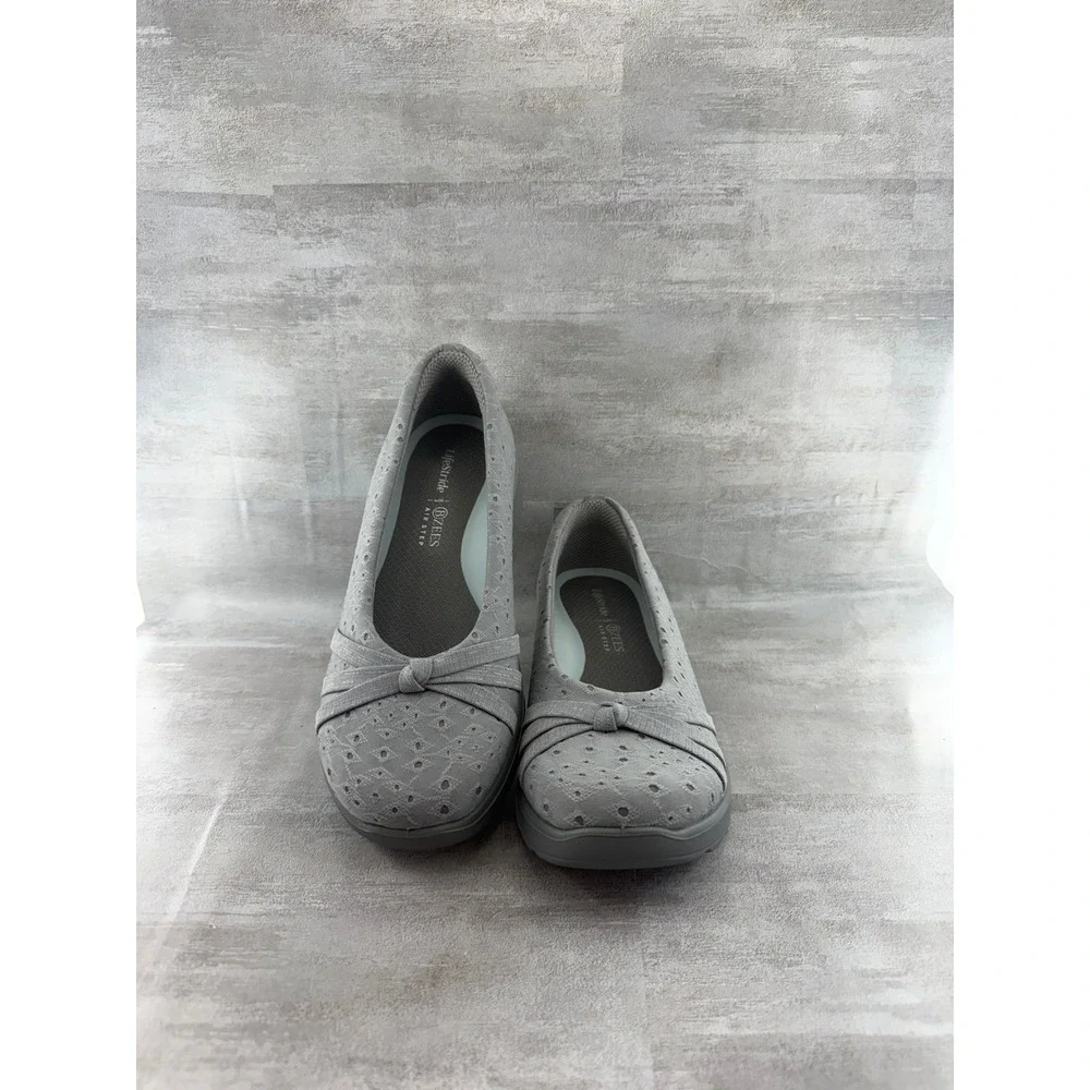 LifeStride BZees Air Step Gray Eyelet Bow Slip On Wedge Shoes Women Sz 7.5W GEM2